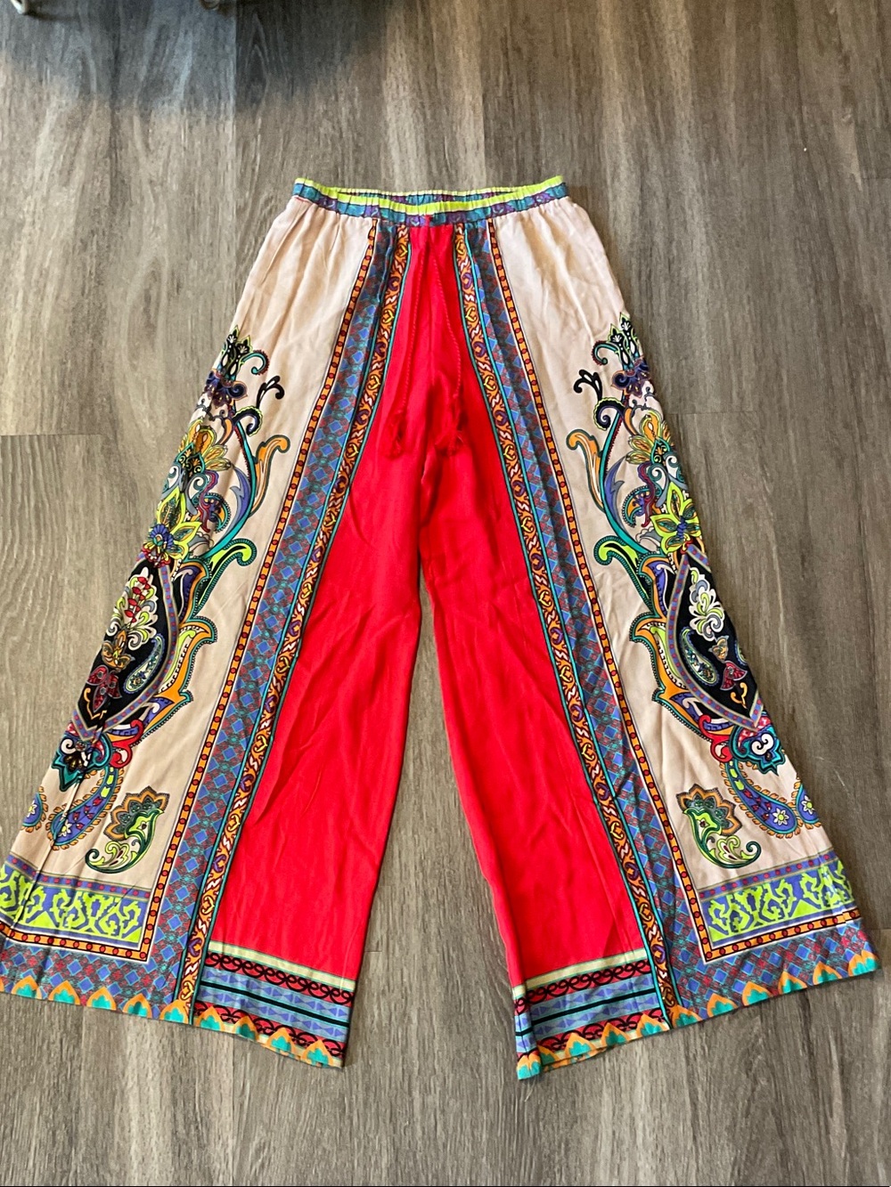 Red Wide-Leg Printed Palazzo Pants with Multicolor Bohemian Border